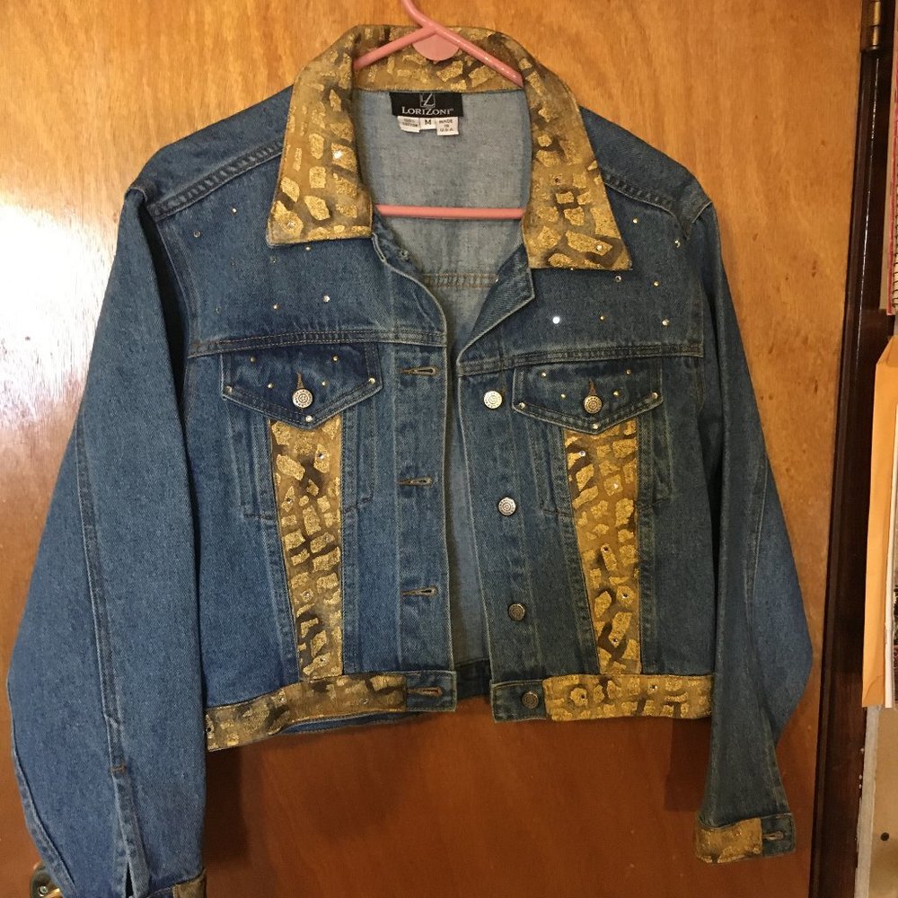 Vintage Lorizoni Denim Jacket with Animal Print and Rhinestone Accents Size M